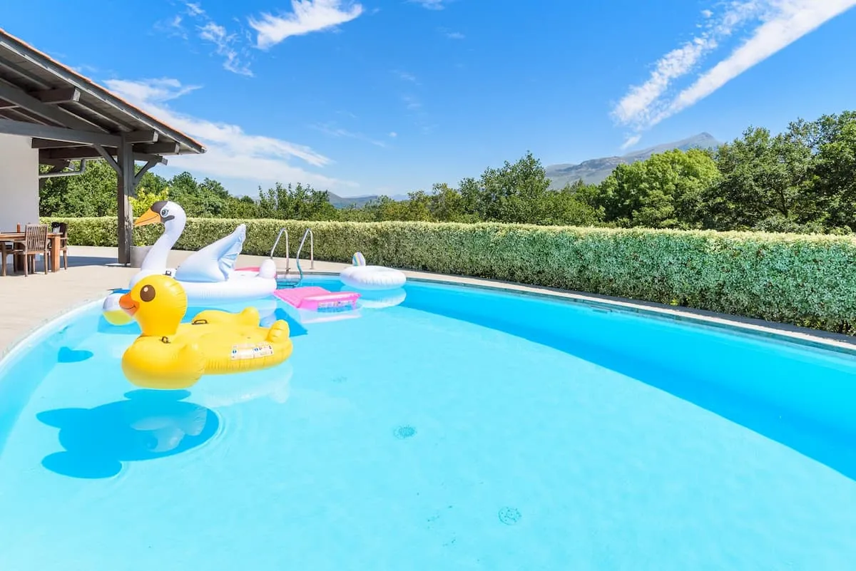 Grande piscine de 12 × 6 m avec bouées canards